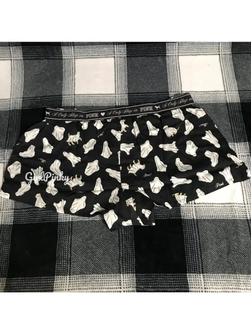 VS PINK SILKY SLEEP BOXY PAJAMA SHORTS BLACK WITH GHOST DOGS SIZE XS-XL